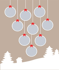 Christmas round Photo frames composition. Vertical template with 9 photos with Christmas balls, trees and a house. Mockup on beige background. Vector Holiday collage. EPS10.
