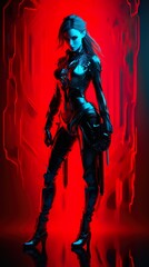 Fototapeta na wymiar futuristic female in cyber clothes, future cyberpunk concept, in style of red and blue, generative AI