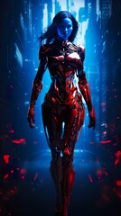 futuristic female in cyber clothes, future cyberpunk concept, in style of red and blue, generative AI