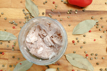 top view of a jar with canned homemade meat inside