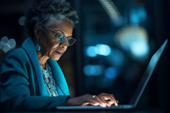 Focused Older Black Woman In Glasses Working On Computer. Blue Reflection On His Glasses And Everywhere