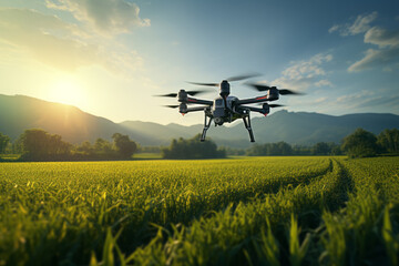Aerial View of a Vibrant Green Field with an Agricultural Drone in Flight