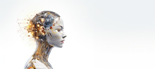 3D ILLUSTRATION RENDERING. CLOSE UP FACE, HEAD. TECHNOLOGY CHARACTER OF AI, MACHINE, DIGITAL, SCIFI, ROBOT, CYBORG CONCEPT DESIGN ON GRADIENT BACKGROUND AND COPY SPACE