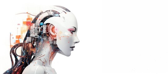 3D ILLUSTRATION RENDERING. CLOSE UP FACE, HEAD. TECHNOLOGY CHARACTER OF AI, MACHINE, DIGITAL, SCIFI, ROBOT, CYBORG CONCEPT DESIGN ON GRADIENT BACKGROUND AND COPY SPACE