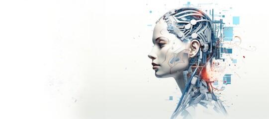 Photo featuring a female robot with artificial intelligence and cutting-edge technology. Technology AI humanoid looking aside to copy space .  Robot smart  - obrazy, fototapety, plakaty