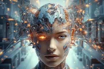 3D ILLUSTRATION RENDERING. CLOSE UP FACE, HEAD. TECHNOLOGY CHARACTER OF AI, MACHINE, DIGITAL, SCIFI, ROBOT, CYBORG CONCEPT DESIGN ON GRADIENT BACKGROUND AND COPY SPACE