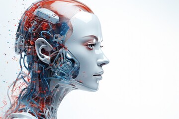3D ILLUSTRATION RENDERING. CLOSE UP FACE, HEAD. TECHNOLOGY CHARACTER OF AI, MACHINE, DIGITAL, SCIFI, ROBOT, CYBORG CONCEPT DESIGN ON GRADIENT BACKGROUND AND COPY SPACE