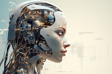 3D ILLUSTRATION RENDERING. CLOSE UP FACE, HEAD. TECHNOLOGY CHARACTER OF AI, MACHINE, DIGITAL, SCIFI, ROBOT, CYBORG CONCEPT DESIGN ON GRADIENT BACKGROUND AND COPY SPACE