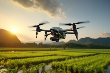 Fototapeta na wymiar Aerial View of Agricultural Drone Surveying Vibrant Green Field