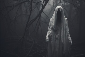 Gloomy spooky ghost standing in the forest. Black and white image. Halloween concept
