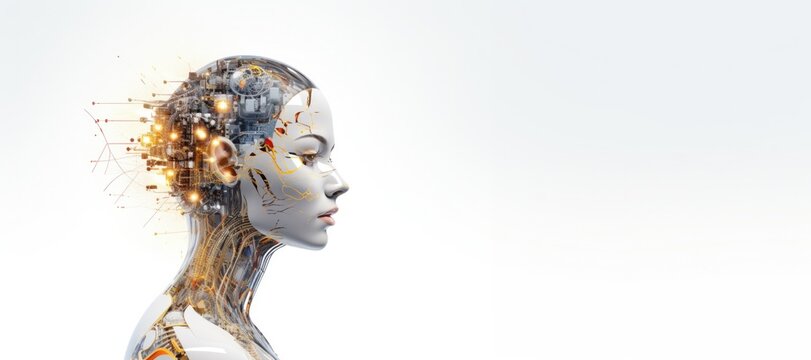 3D ILLUSTRATION RENDERING. CLOSE UP FACE, HEAD. TECHNOLOGY CHARACTER OF AI, MACHINE, DIGITAL, SCIFI, ROBOT, CYBORG CONCEPT DESIGN ON GRADIENT BACKGROUND AND COPY SPACE