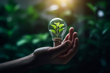 Green Innovation: Hand Holding a Light Bulb with Vibrant Leaves