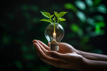 Creative concept of eco-friendly innovation with a hand holding a light bulb surrounded by lush green leaves