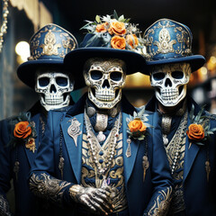 Close-up of three men wearing skull, skeleton outfit