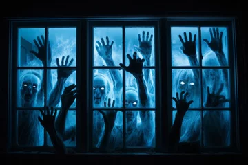 Fotobehang Spooky many zombie hands outside the window, blue glowing. Halloween concept. © Denis