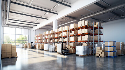 White warehouse with organized shelves laden with boxes. The image exemplifies efficiency, orderliness, and the seamless operation of a well-managed storage system. - obrazy, fototapety, plakaty