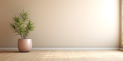 Empty room interior background, beige wall, pot with plant, wooden flooring 3d rendering