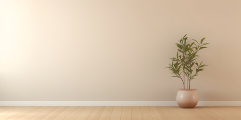 Fototapeta na wymiar Empty room interior background, beige wall, pot with plant, wooden flooring 3d rendering