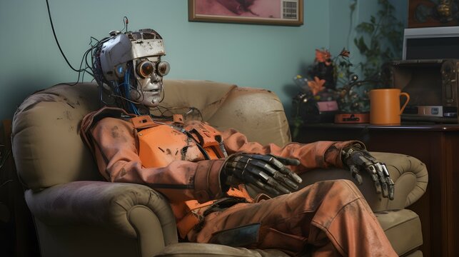 Futuristic Living: Hyper-Realistic Robot Enjoying TV on Sofa in 2070 | Sci-Fi Lifestyle
