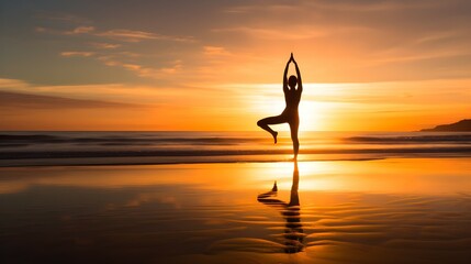 Yoga: Silhouetted Pose on Peaceful Beach, Beach Yoga, Sunrise
