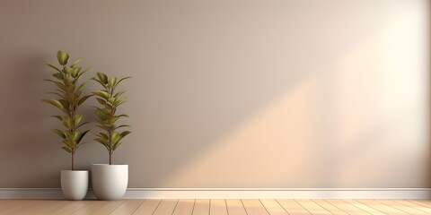 Empty room interior background, beige wall, pot with plant, wooden flooring 3d rendering - obrazy, fototapety, plakaty