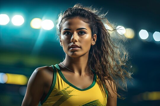Stadium background, fictional Brazilian soccer player in action, wearing a yellow shirt and green shorts. - Powered by Adobe