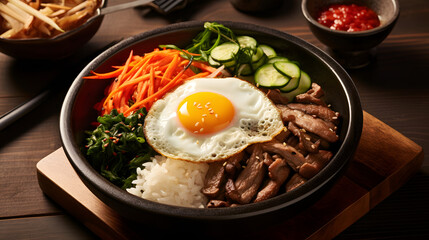 Featuring an overhead view of Bibimbap