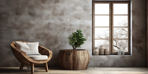 Hand-crafted barrel chair made from solid wood and stump coffee table near grunge stucco wall and window. Rustic style interior design of modern living room in farmhouse