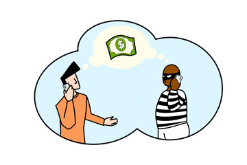 Online crime concept illustration, cellphone scammer online social media fraud. A swindler and a thief are working at the mobile. Vector flat illustration isolated on white background