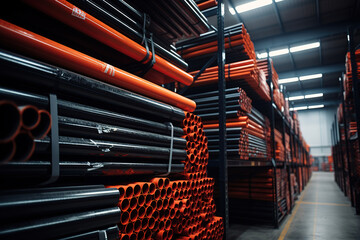 Steel pipes storage in warehouse for construction - obrazy, fototapety, plakaty