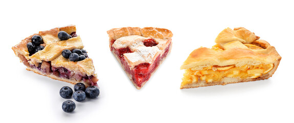 Set of pieces of different tasty pies on white background