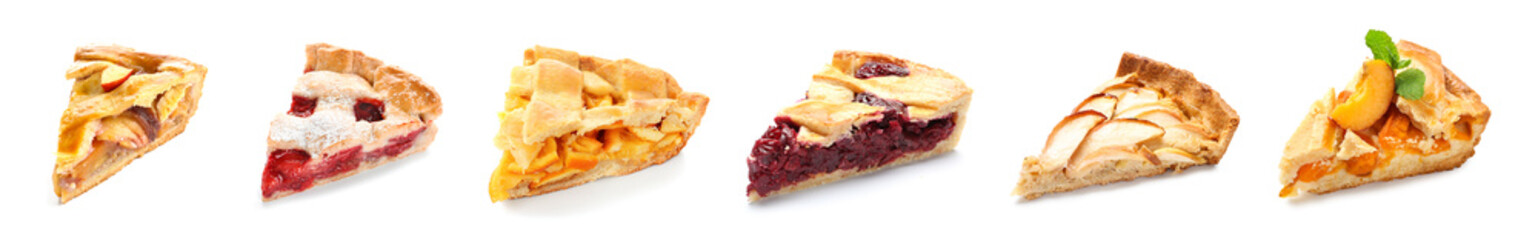 Set of pieces of different tasty pies on white background