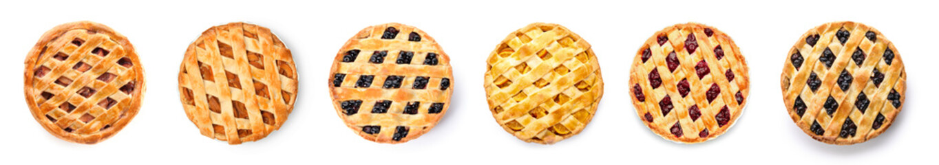 Set of different tasty pies on white background, top view