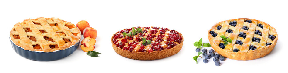 Set of different pies on white background