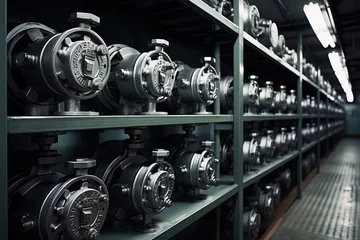 Fotobehang Stainless steel valve storage in warehouse © arhendrix