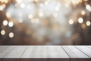 Leerer Holztisch für Produktplatzierung oder Montage mit Fokus auf die Tischplatte, unscharfer Bokeh-Hintergrund mit Lichtern am Abend auf einer Feier generative ai - obrazy, fototapety, plakaty