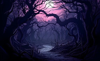 Halloween forest scene. Ghostly nightmare Halloween background, cartoon horror forest. Generative AI
