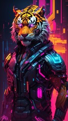 The artwork of robot cyborg tiger in cyberpunk style with futuristic city background and neon light in vertical dimension created with AI Generated technology.