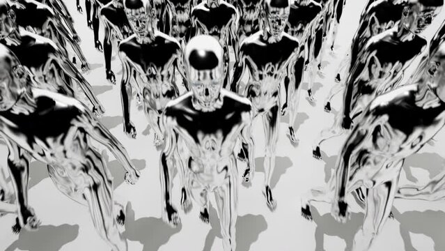 Army of robots. A crowd of cyborg workers marching in formation. 3D animation