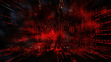 Red, abstract binary code elements on a dark screen, illustrating the concepts of malware,...
