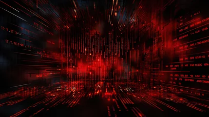 Foto op Aluminium Red, abstract binary code elements on a dark screen, illustrating the concepts of malware, ransomware, and cyber attacks. Background design that includes copy space for added content © arhendrix