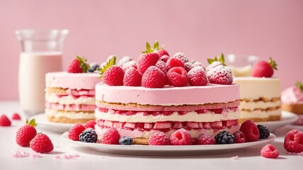 Several kinds of dessert in pink color on white background