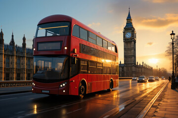 Naklejka na ściany i meble Iconic London Scene: Big Ben and Red Bus in Perfect Harmony
