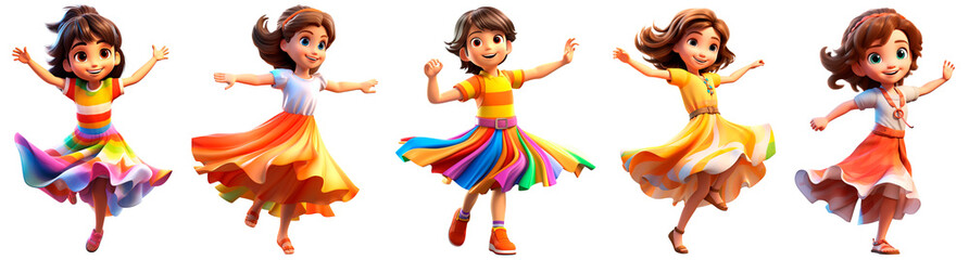 Set happy cute girls dance 3D render character cartoon style Isolated on transparent background