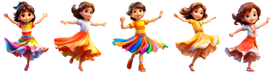 Tuinposter Set happy cute girls dance 3D render character cartoon style Isolated on transparent background © Mrs__DoubleF