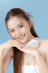 Young Asian beauty woman model long hair with natural makeup look on face and perfect clean skin on...