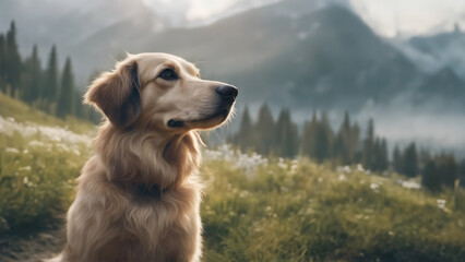 Cute, furry black and white Shetland Sheepdog, little collie portrait outdoors in summer. Sheltie on a large stone against the backdrop of a forest and beautiful mountains