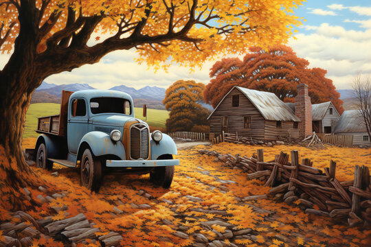 Old truck on the autumn meadow