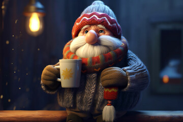 Funny Santa Claus with cup of hot drink in room at night