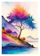 Vector watercolor landscape painting tree mountain